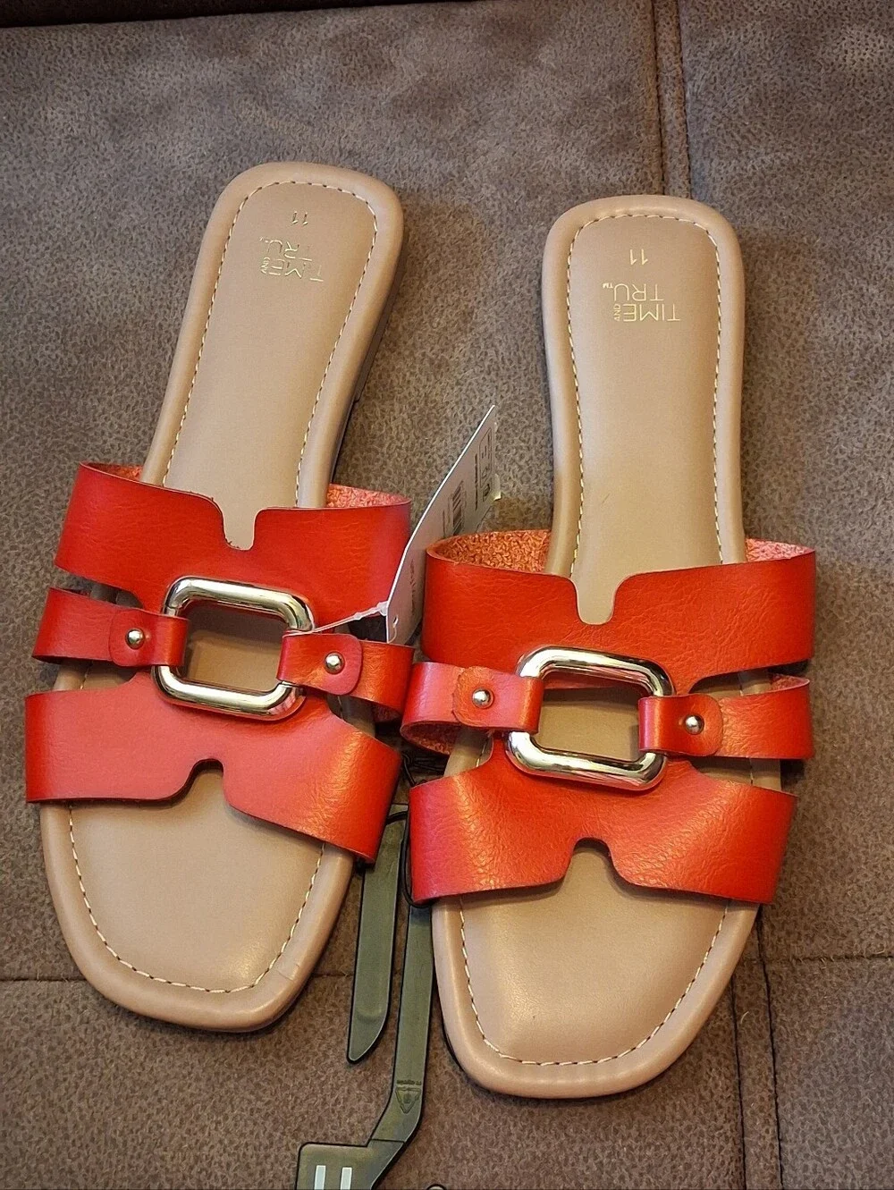 Time and Tru Embellished Slide Sandals with Gold Accent Red Womens Size 11